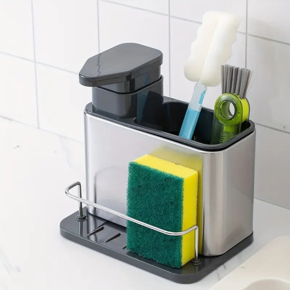 Distributeur de Liquide Vaisselle en Acier Inoxydable & Support à Ustensiles