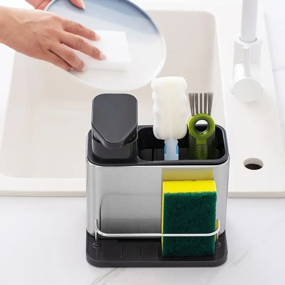 Distributeur de Liquide Vaisselle en Acier Inoxydable & Support à Ustensiles
