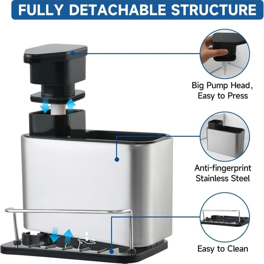 Distributeur de Liquide Vaisselle en Acier Inoxydable & Support à Ustensiles