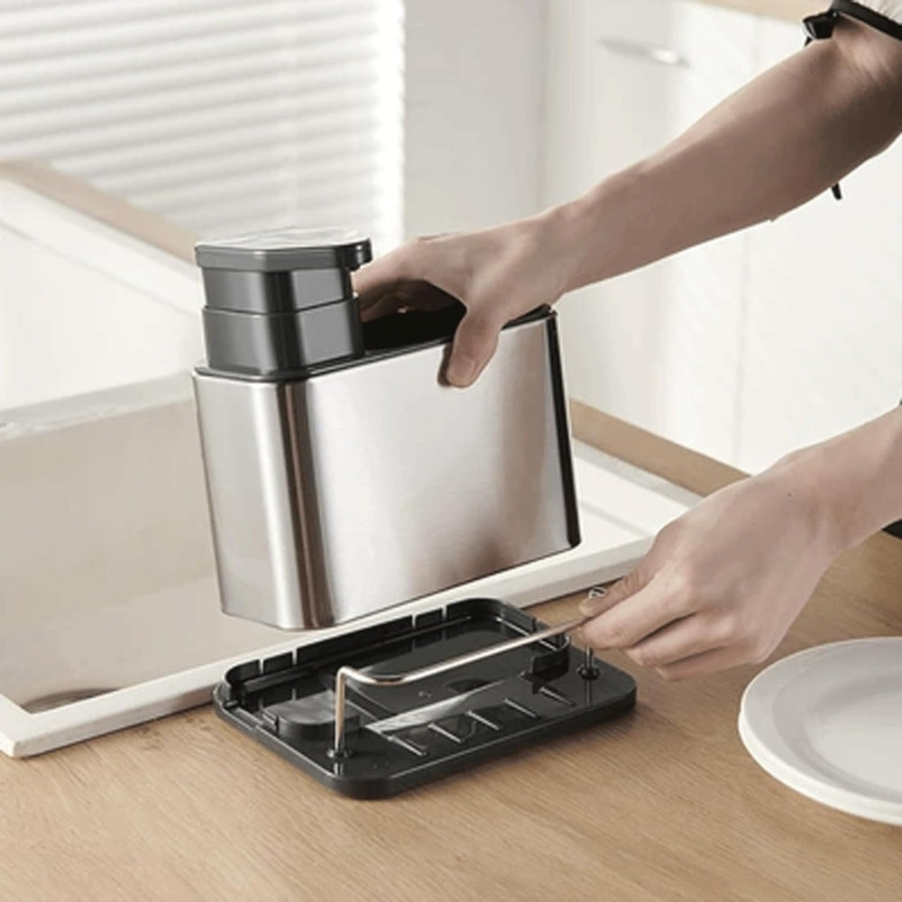 Distributeur de Liquide Vaisselle en Acier Inoxydable & Support à Ustensiles