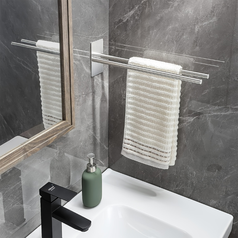 Porte-serviettes en Acier Inoxydable à Double Bras - Porte-serviettes de Bain, Auto-adhésif, Monté au Mur