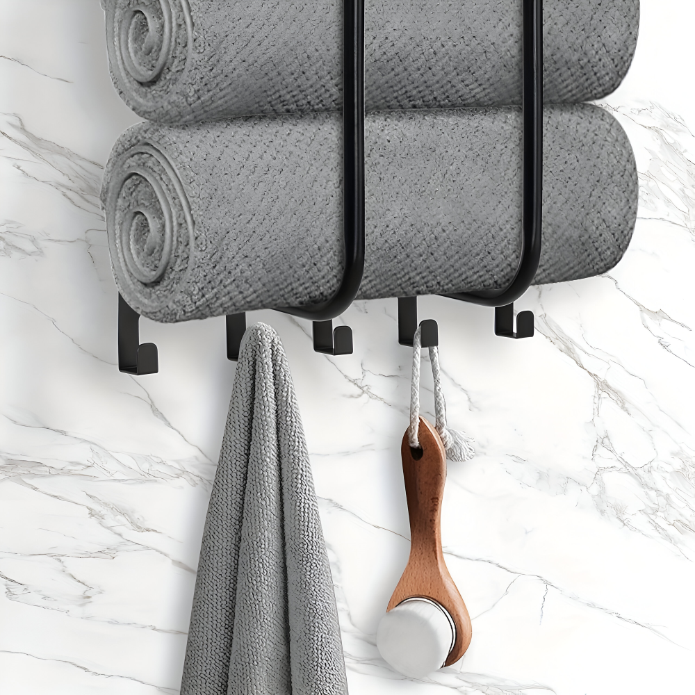 Porte-serviettes avec étagère et crochets – métal noir monté au mur