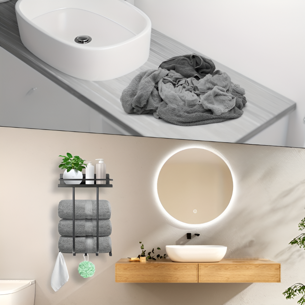 Porte-serviettes avec étagère et crochets – métal noir monté au mur