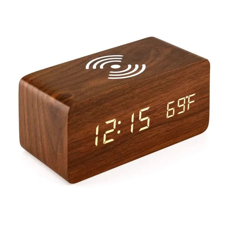 Réveil Numérique en Bois Élégant avec Charge Sans Fil et Activation Vocale