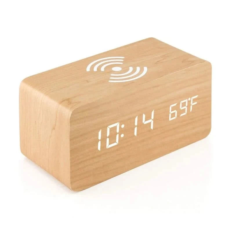 Réveil Numérique en Bois Élégant avec Charge Sans Fil et Activation Vocale