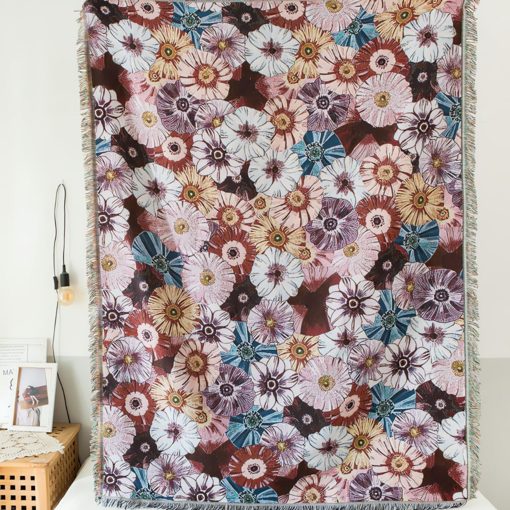 Couverture en Coton Tissée à Franges Vintage Flora