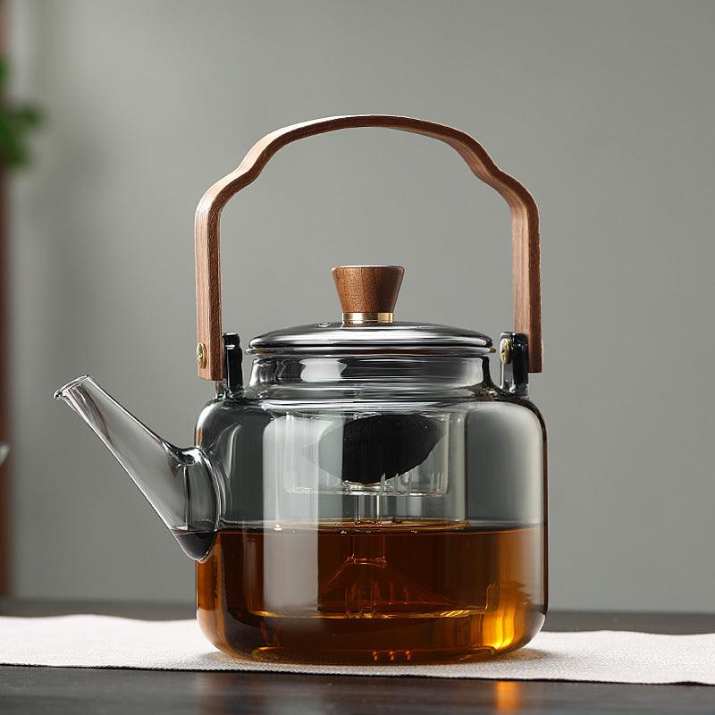 Théière en verre avec couvercle en bois et filtre – 1,2 litre, verre fumé et bois pour une expérience de dégustation de thé élégante