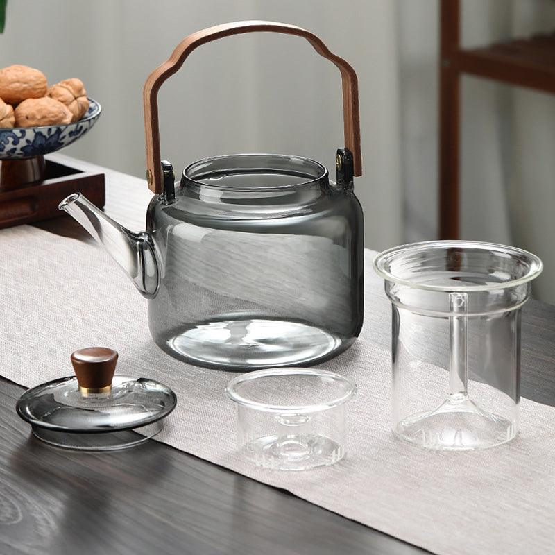 Théière en verre avec couvercle en bois et filtre – 1,2 litre, verre fumé et bois pour une expérience de dégustation de thé élégante