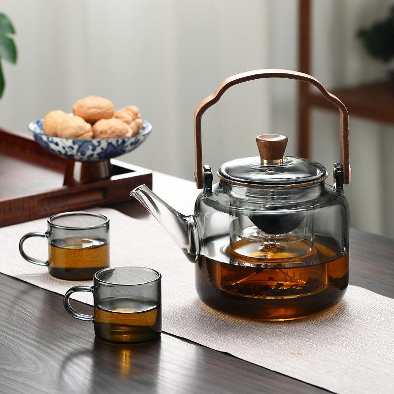 Théière en verre avec couvercle en bois et filtre – 1,2 litre, verre fumé et bois pour une expérience de dégustation de thé élégante