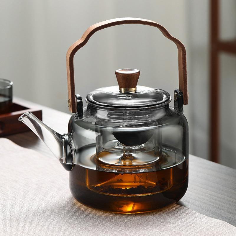 Théière en verre avec couvercle en bois et filtre – 1,2 litre, verre fumé et bois pour une expérience de dégustation de thé élégante