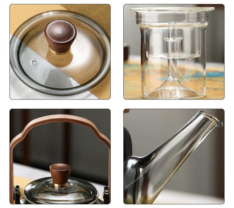 Théière en verre avec couvercle en bois et filtre – 1,2 litre, verre fumé et bois pour une expérience de dégustation de thé élégante