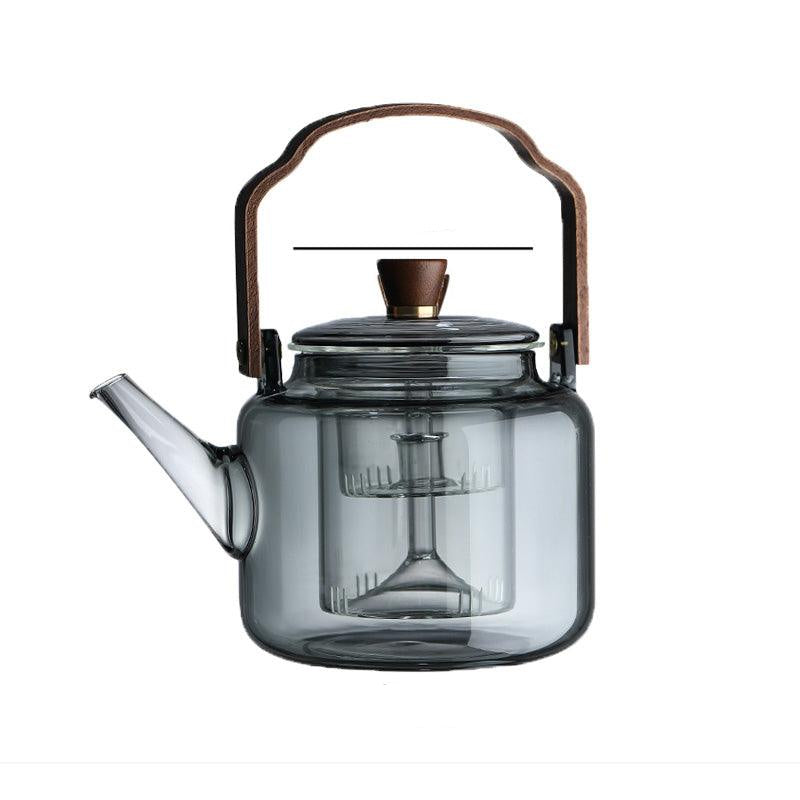 Théière en verre avec couvercle en bois et filtre – 1,2 litre, verre fumé et bois pour une expérience de dégustation de thé élégante