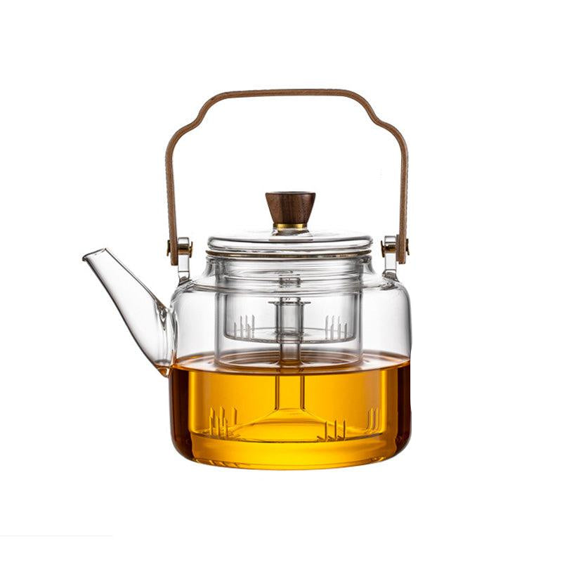 Théière en verre avec couvercle en bois et filtre – 1,2 litre, verre fumé et bois pour une expérience de dégustation de thé élégante