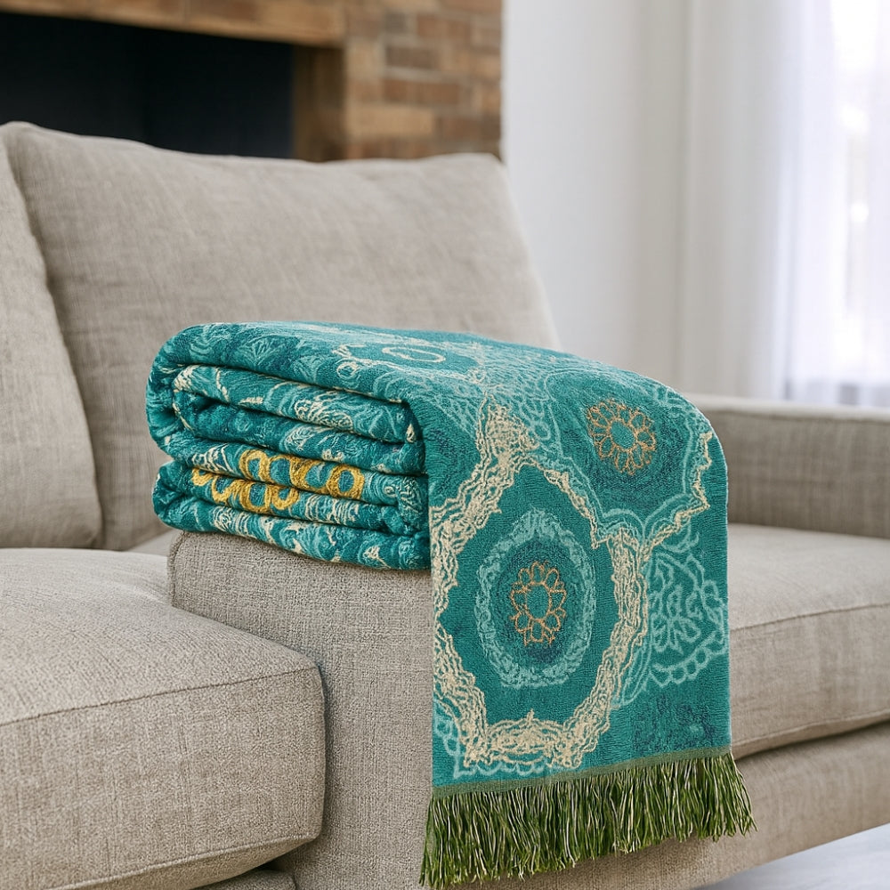 Couverture en Coton Mandala Teal Quatre Saisons
