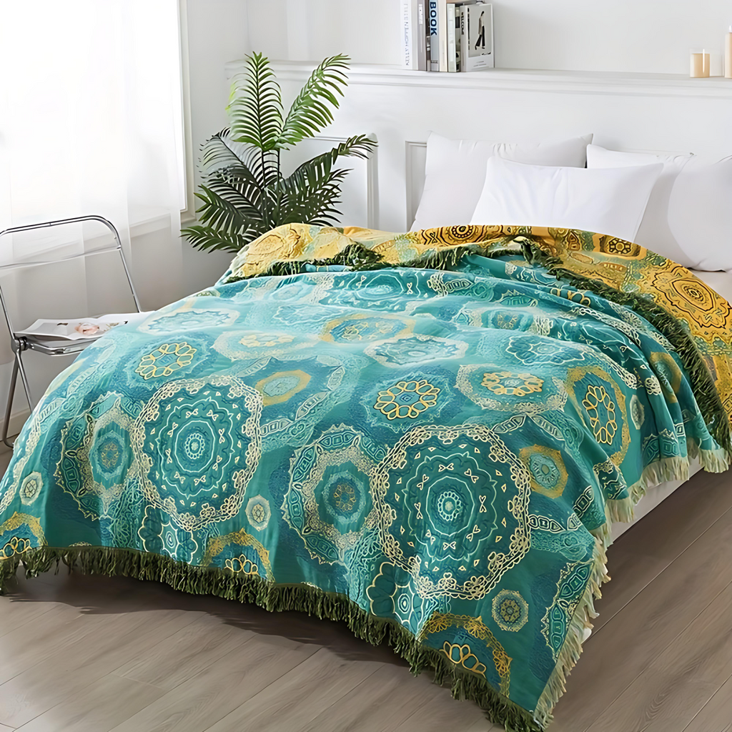 Couverture en Coton Mandala Teal Quatre Saisons