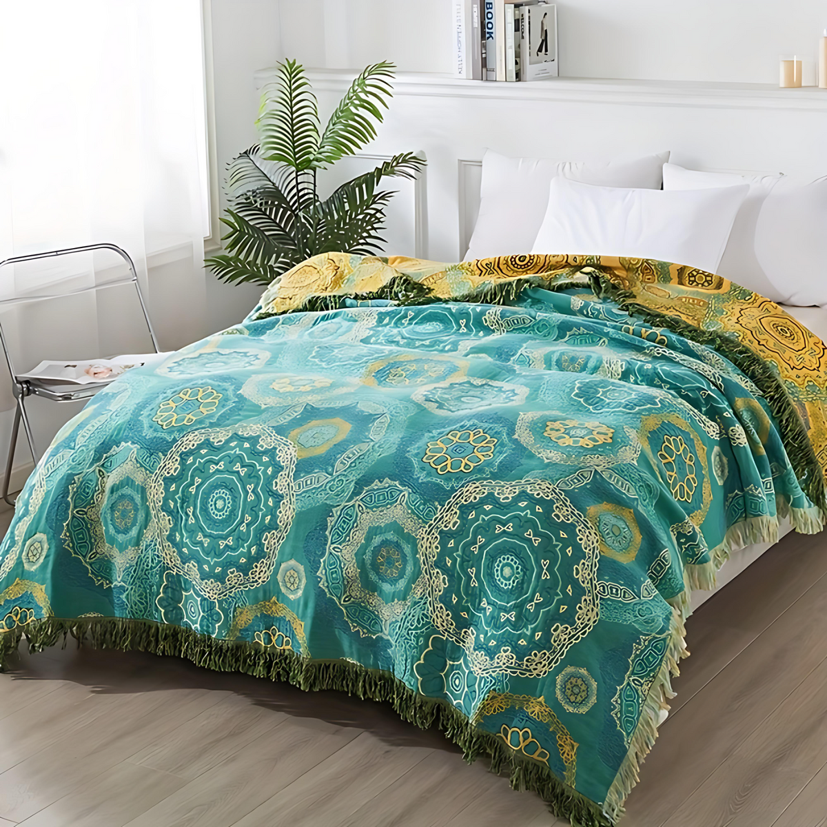 Couverture en Coton Mandala Teal Quatre Saisons