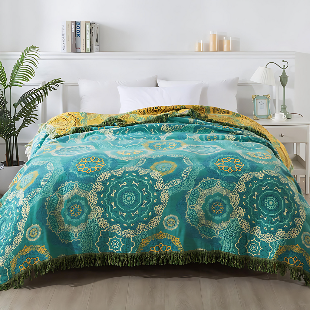 Couverture en Coton Mandala Teal Quatre Saisons