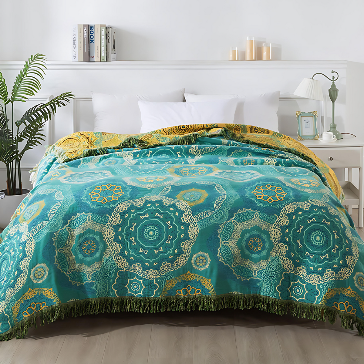 Couverture en Coton Mandala Teal Quatre Saisons