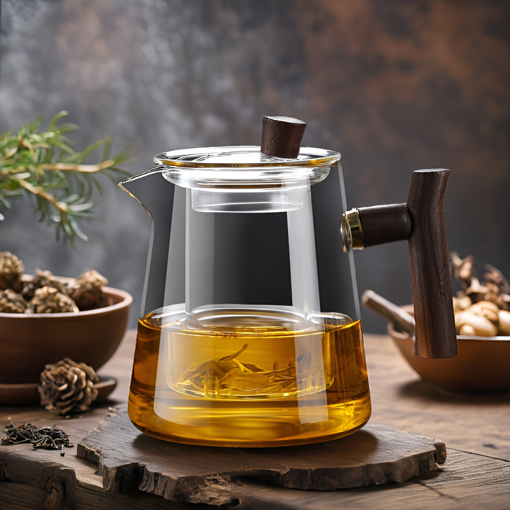 Théière En Verre Avec Filtre Et Poignée En Bois - Infuseur À Thé, 550ml-850ml
