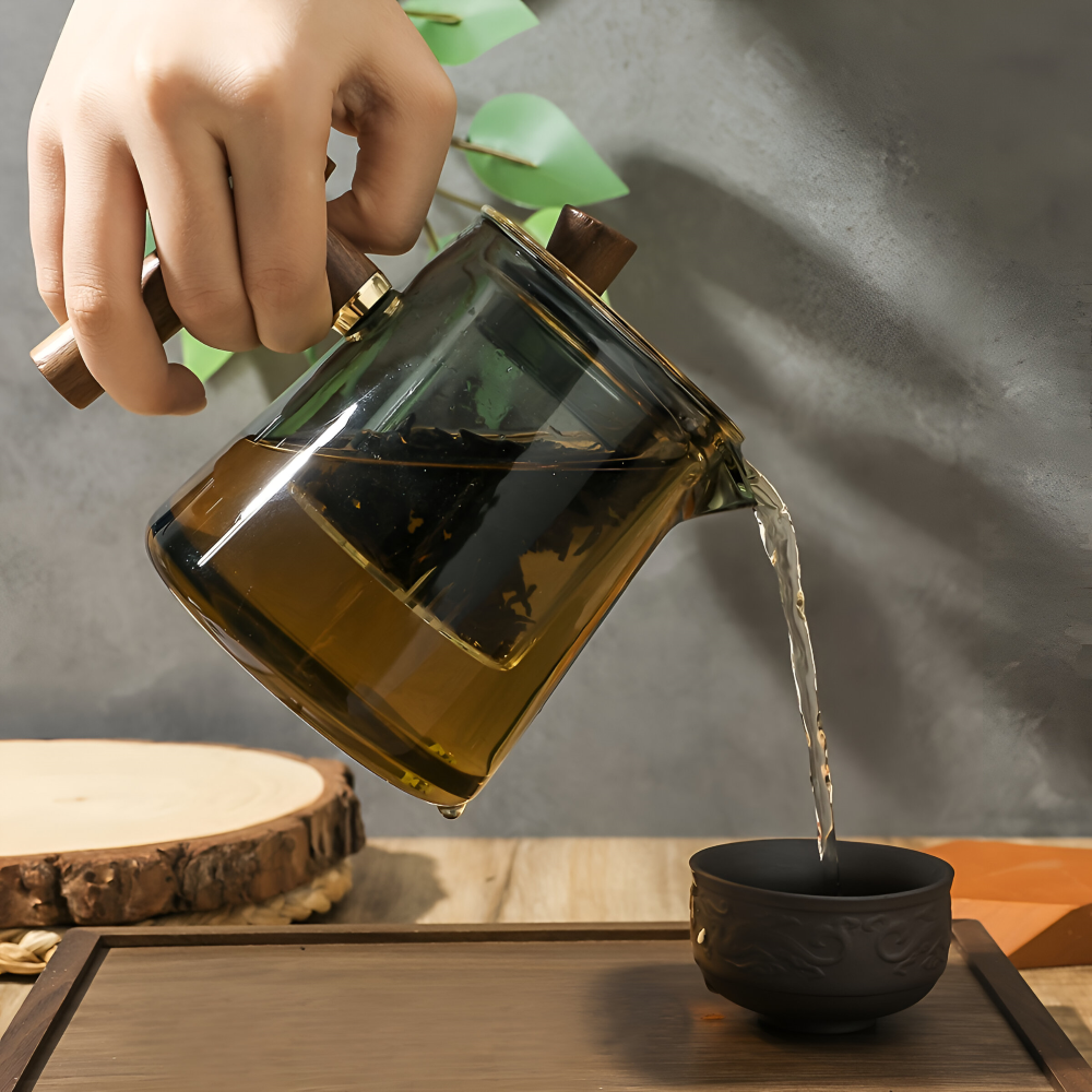 Théière En Verre Avec Filtre Et Poignée En Bois - Infuseur À Thé, 550ml-850ml