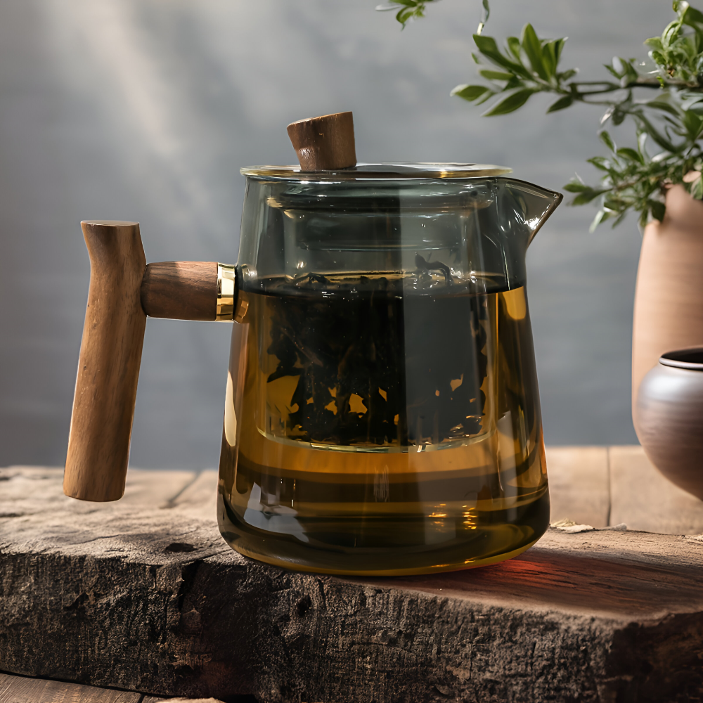 Théière En Verre Avec Filtre Et Poignée En Bois - Infuseur À Thé, 550ml-850ml