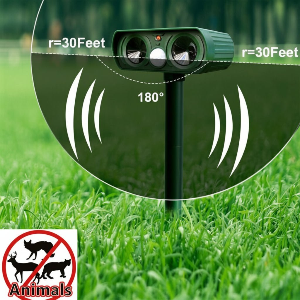 Appareil de dissuasion pour animaux | Protection par ultrasons activée par mouvement | Résistant aux intempéries et sans fil | WildAway