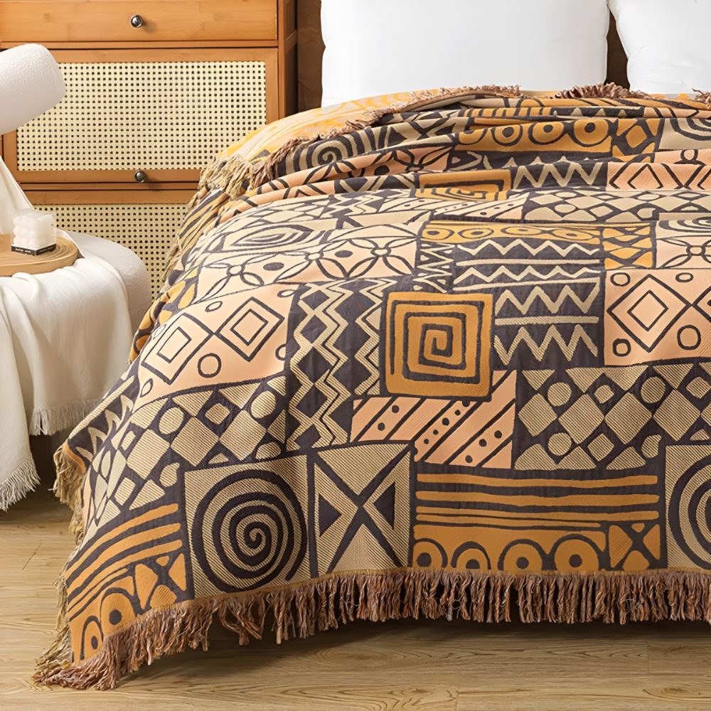 Couverture en Coton Réversible avec Franges en Patchwork Tribal