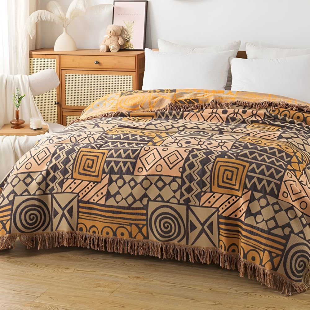 Couverture en Coton Réversible avec Franges en Patchwork Tribal