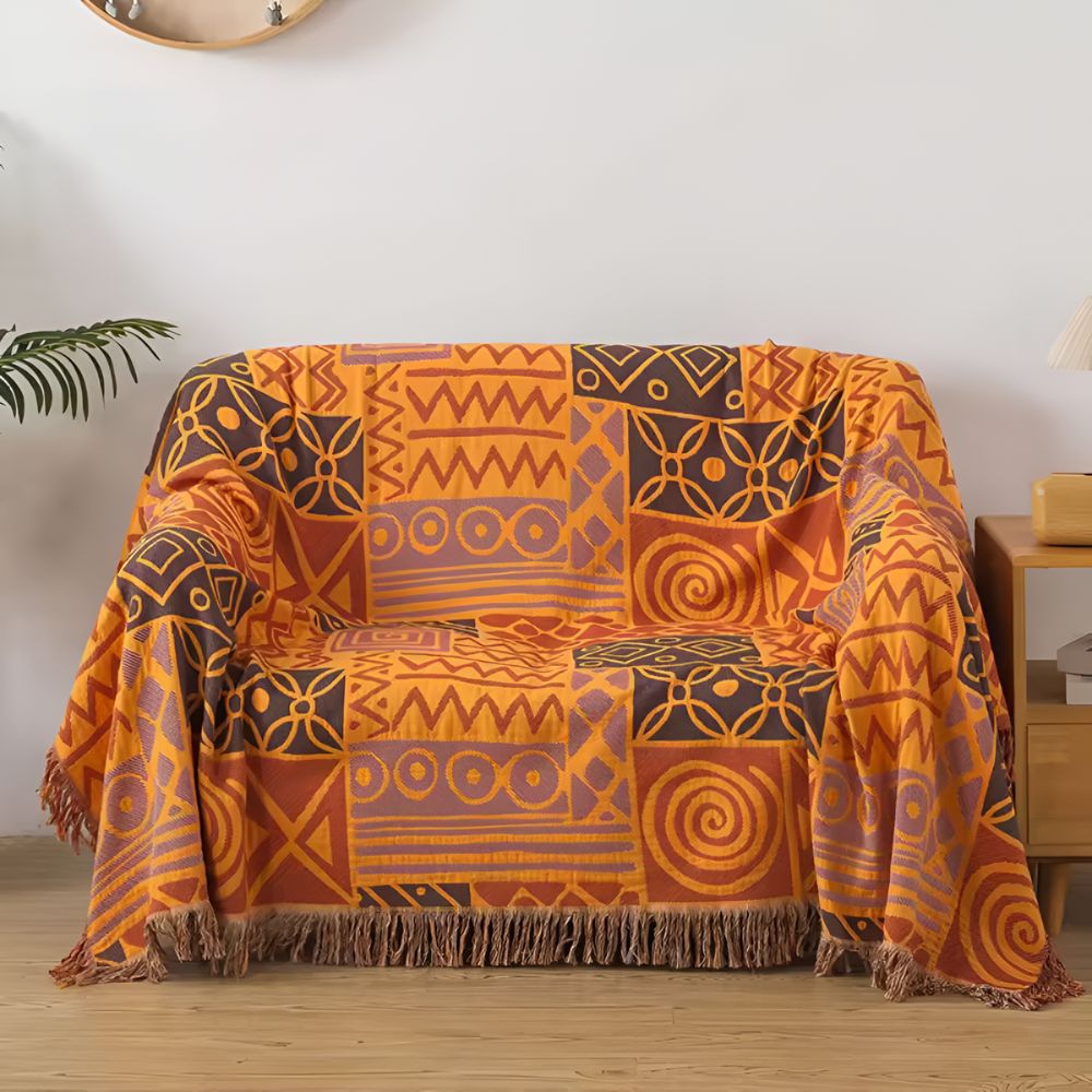 Couverture en Coton Réversible avec Franges en Patchwork Tribal