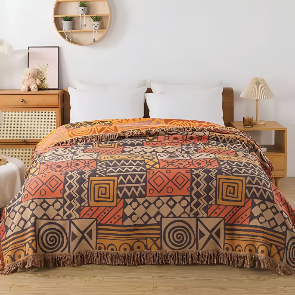 Couverture en Coton Réversible avec Franges en Patchwork Tribal
