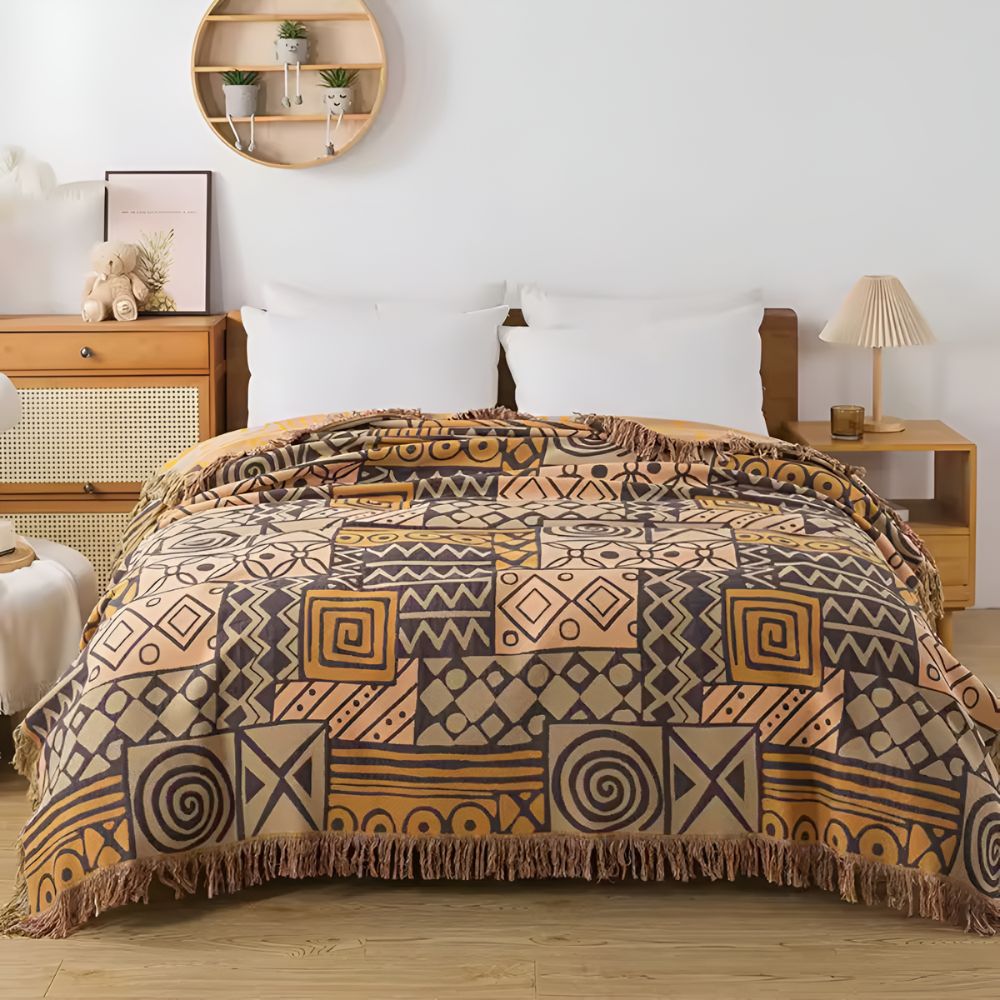 Couverture en Coton Réversible avec Franges en Patchwork Tribal