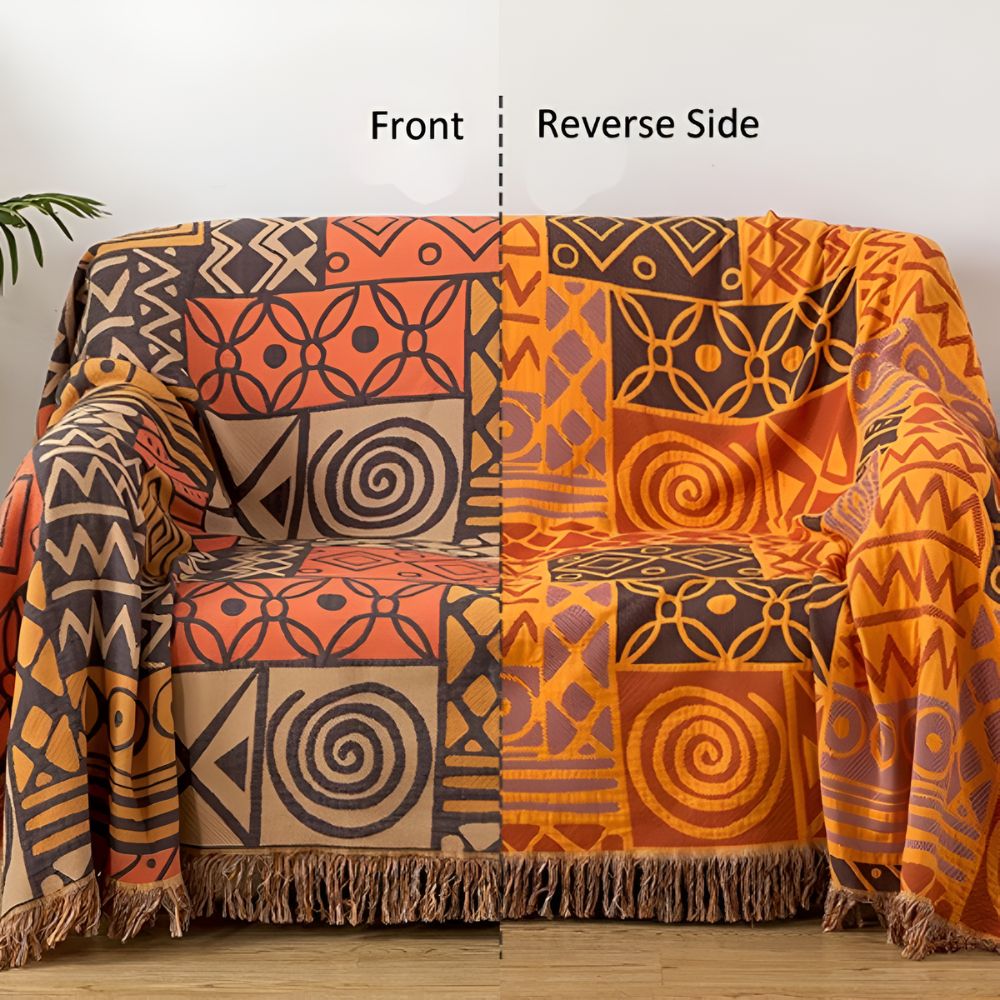 Couverture en Coton Réversible avec Franges en Patchwork Tribal