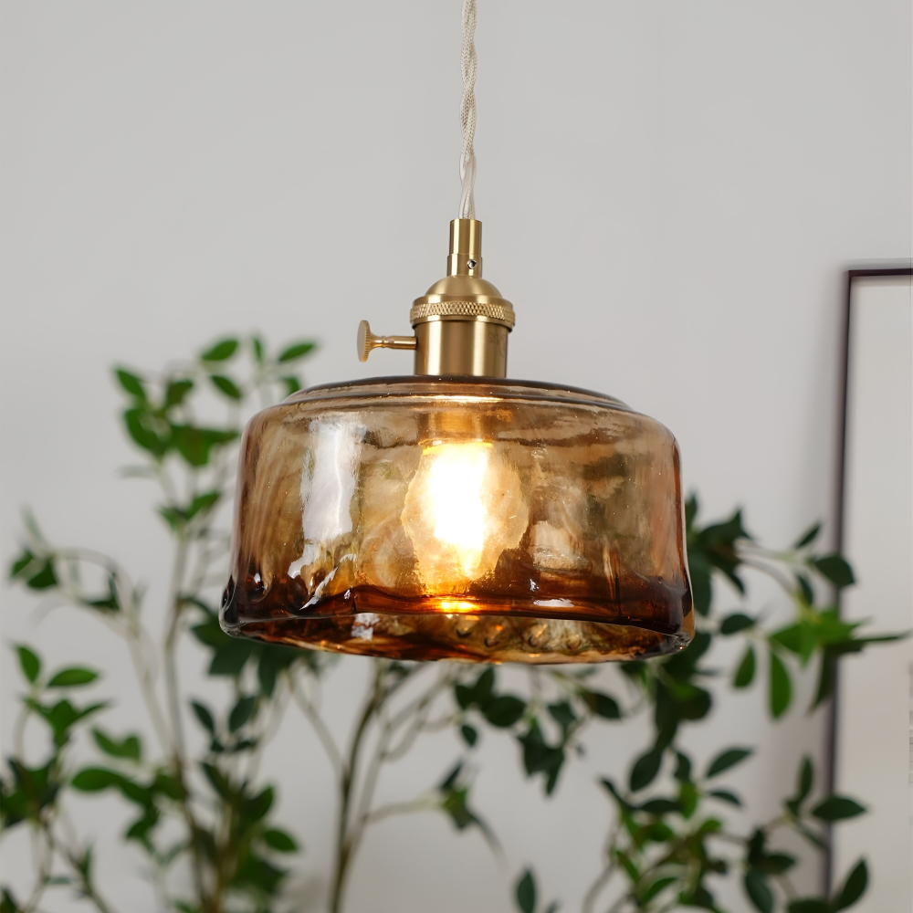 Lampe suspendue vintage en verre en laiton antique pour la table à manger