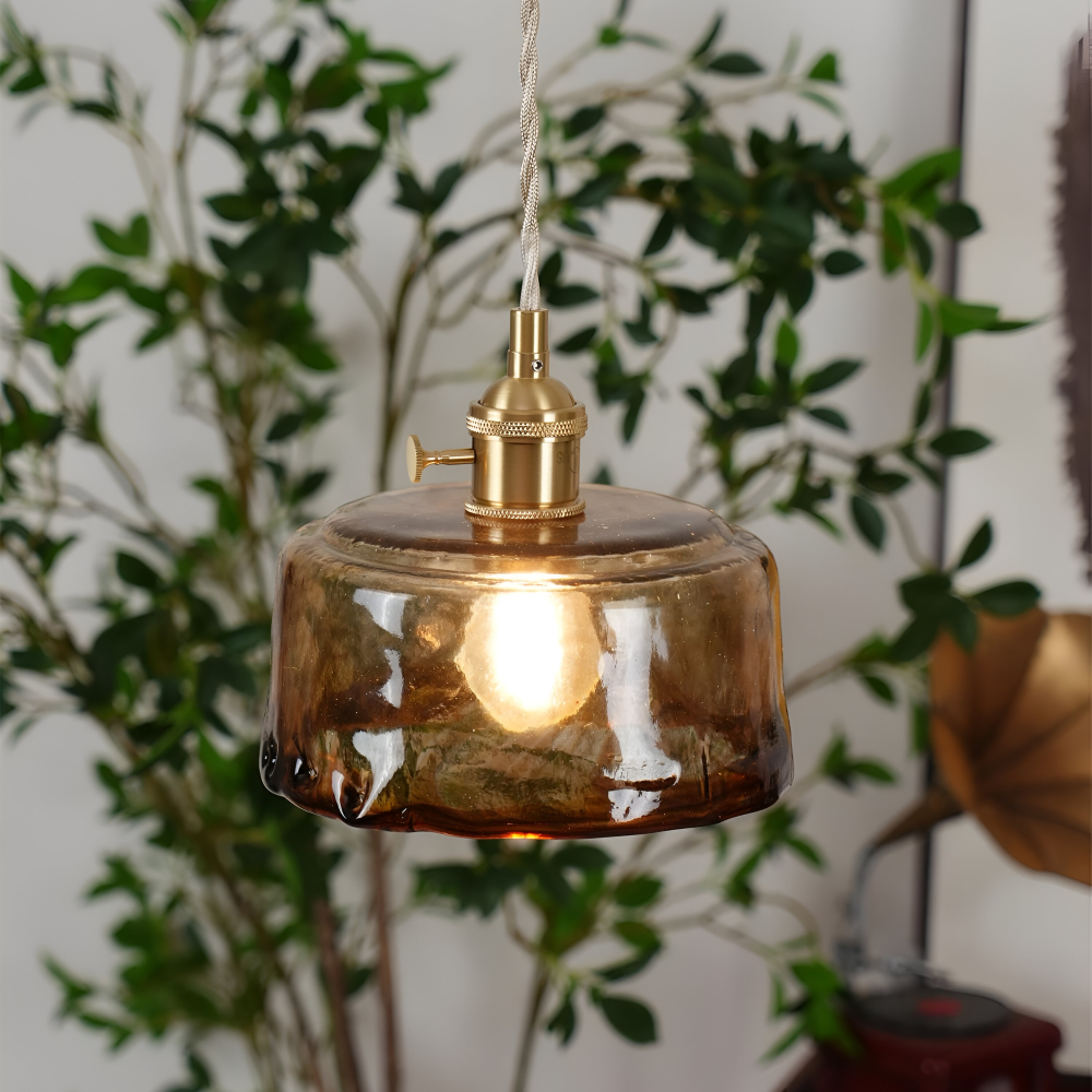 Lampe suspendue vintage en verre en laiton antique pour la table à manger