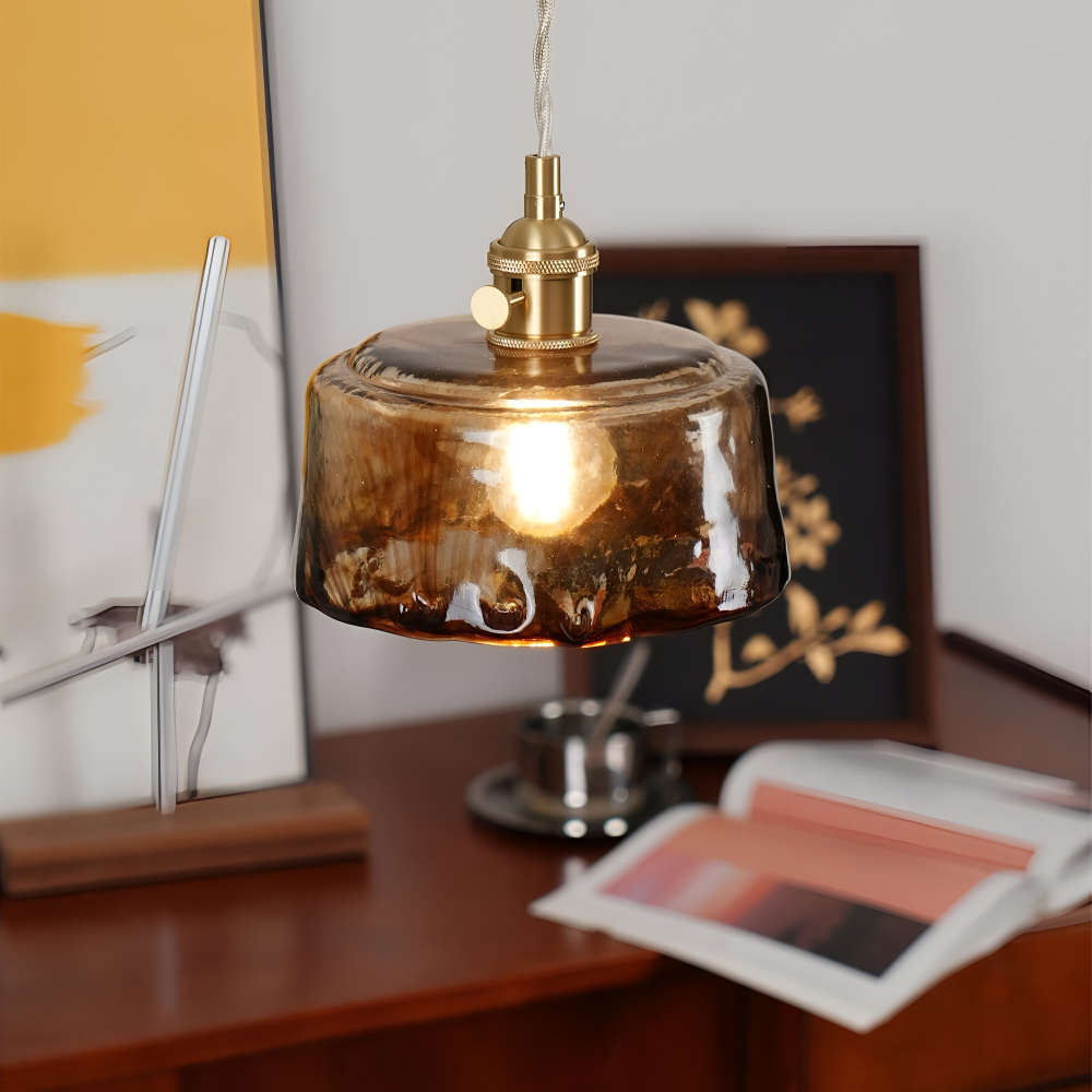 Lampe suspendue vintage en verre en laiton antique pour la table à manger