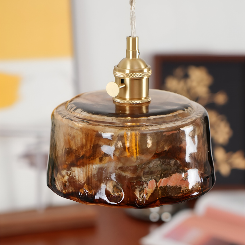 Lampe suspendue vintage en verre en laiton antique pour la table à manger