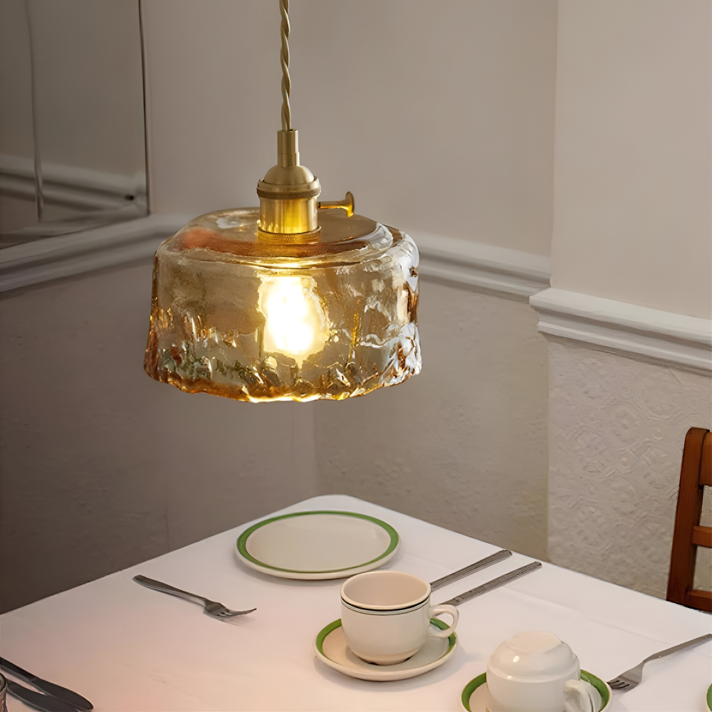 Lampe suspendue vintage en verre en laiton antique pour la table à manger