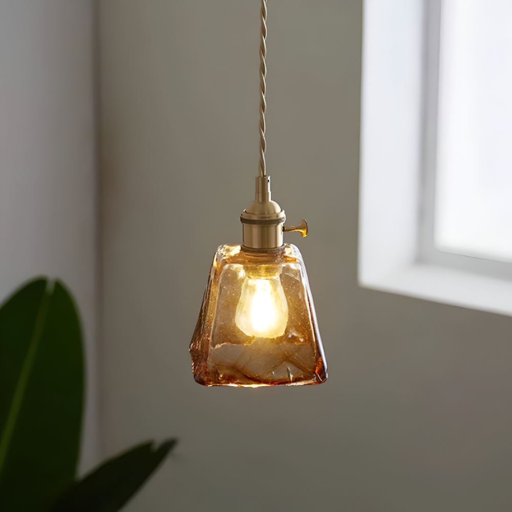 Lampe suspendue vintage en verre en laiton antique pour la table à manger