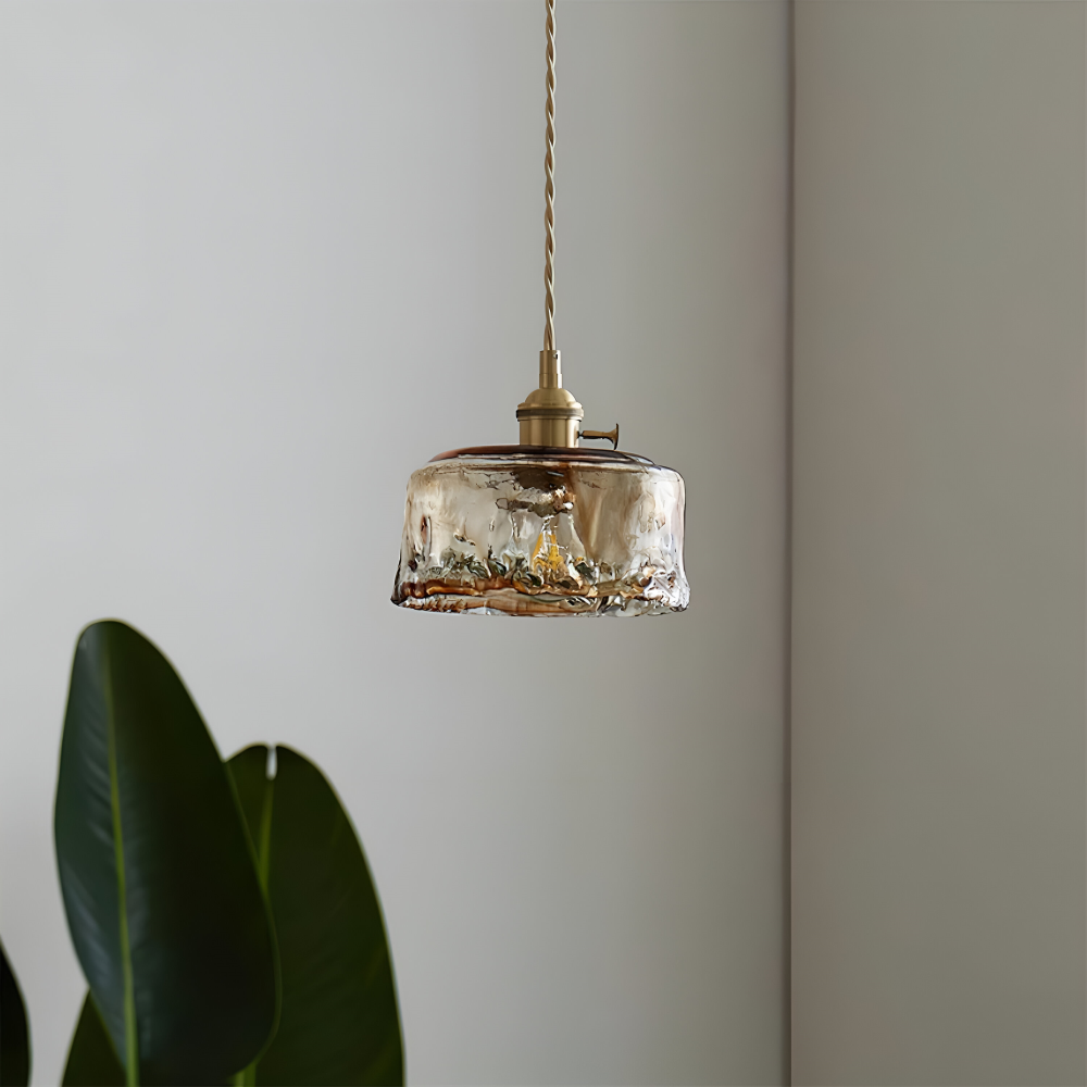 Lampe suspendue vintage en verre en laiton antique pour la table à manger