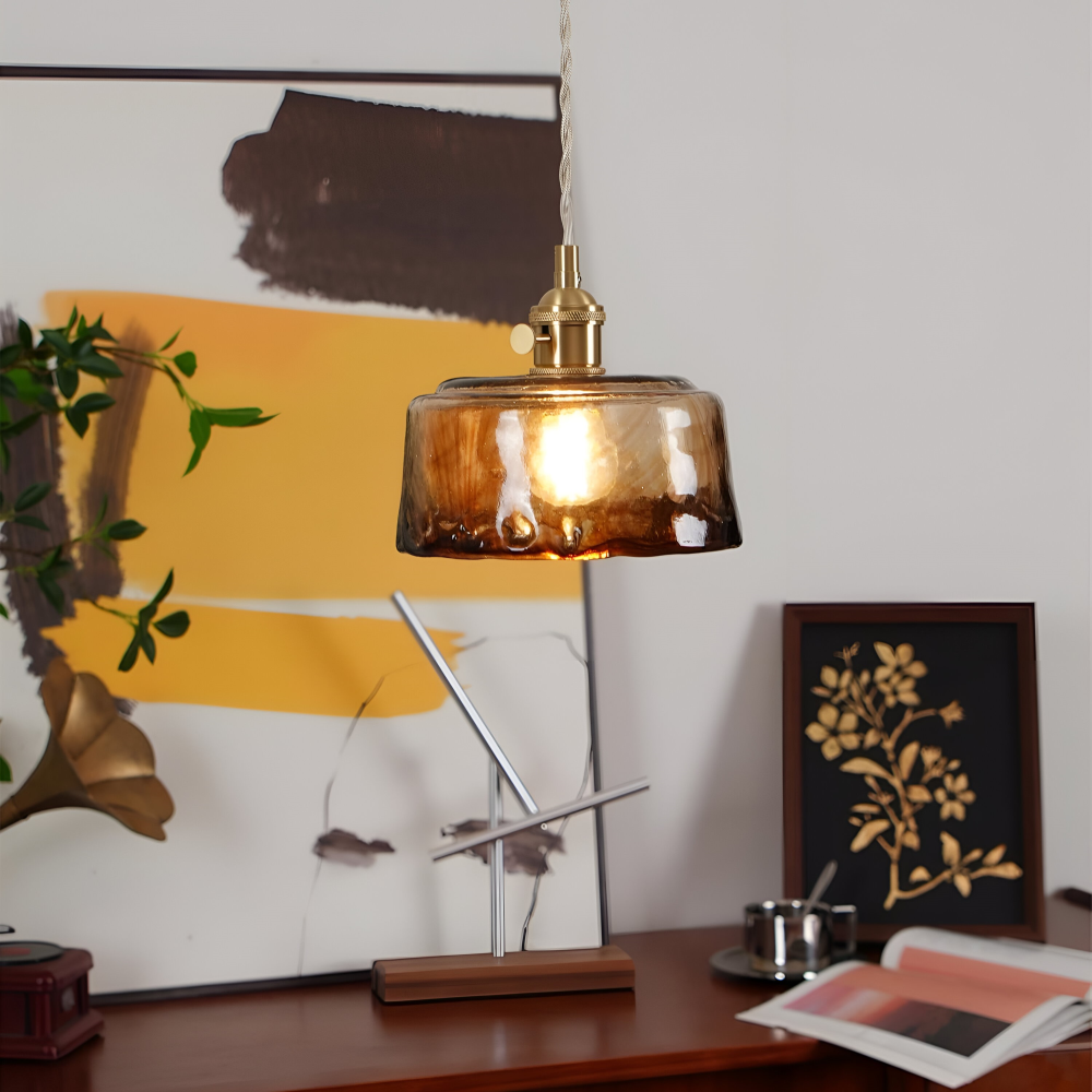 Lampe suspendue vintage en verre en laiton antique pour la table à manger