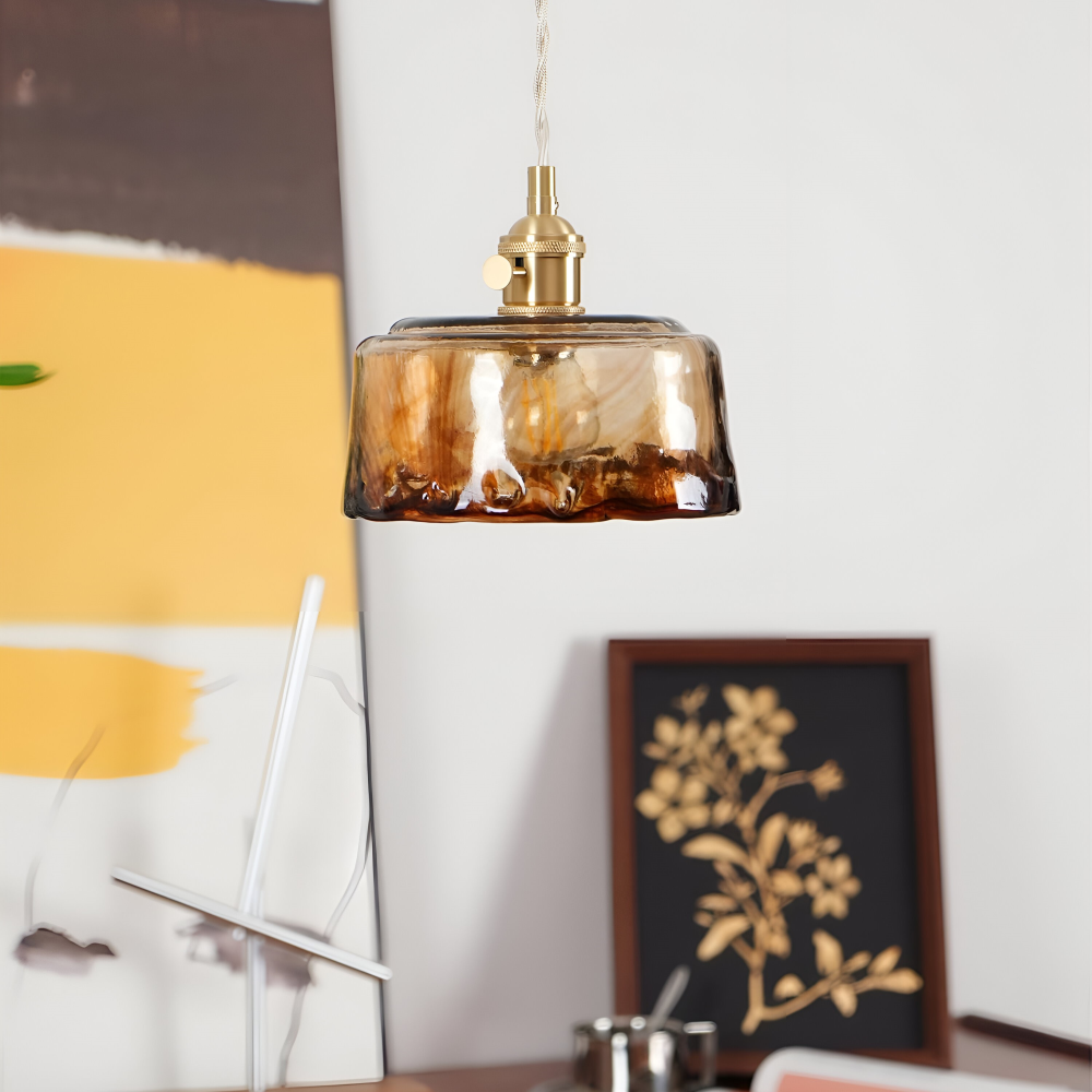 Lampe suspendue vintage en verre en laiton antique pour la table à manger