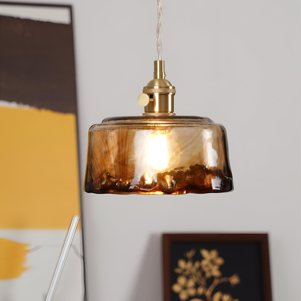 Lampe suspendue vintage en verre en laiton antique pour la table à manger