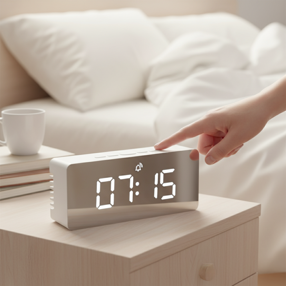Réveil Miroir LED Moderne avec Luminosité Réglable et Fonction Snooze pour la Maison et le Bureau