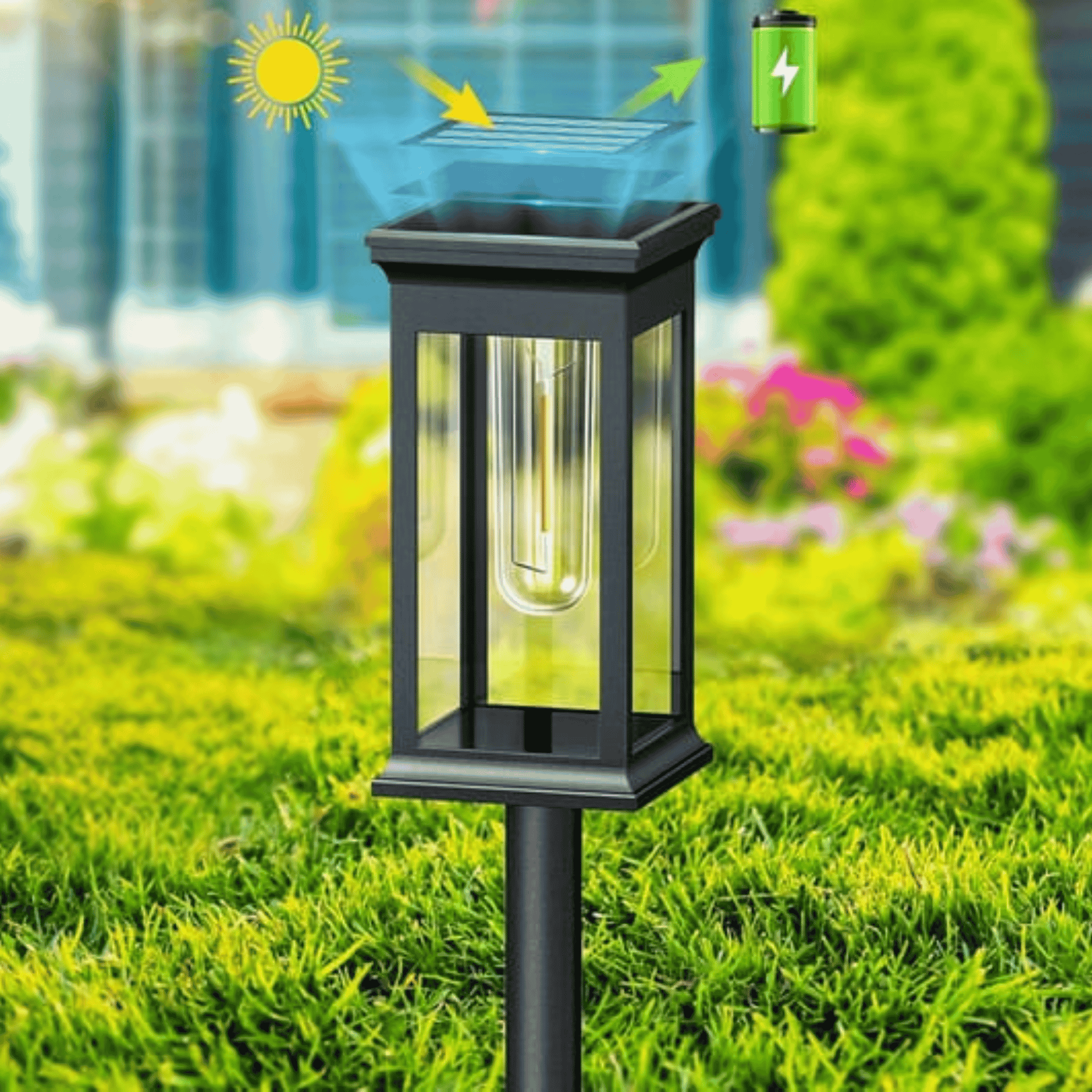 Lumière solaire extérieure sur pied avec lanterne rectangulaire