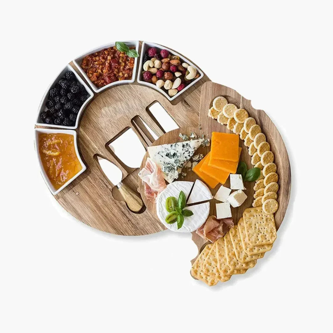 Plateau en bois pour fromages avec ensemble de couteaux