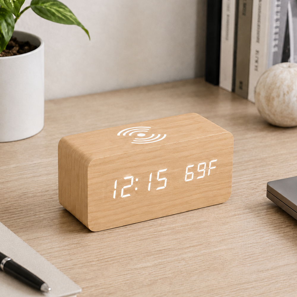 Réveil Numérique en Bois Élégant avec Charge Sans Fil et Activation Vocale