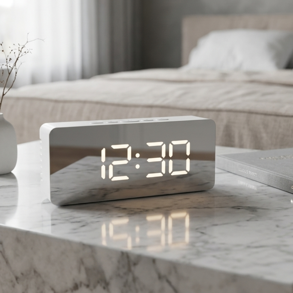 Réveil Miroir LED Moderne avec Luminosité Réglable et Fonction Snooze pour la Maison et le Bureau