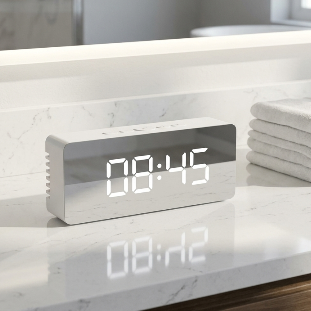 Réveil Miroir LED Moderne avec Luminosité Réglable et Fonction Snooze pour la Maison et le Bureau