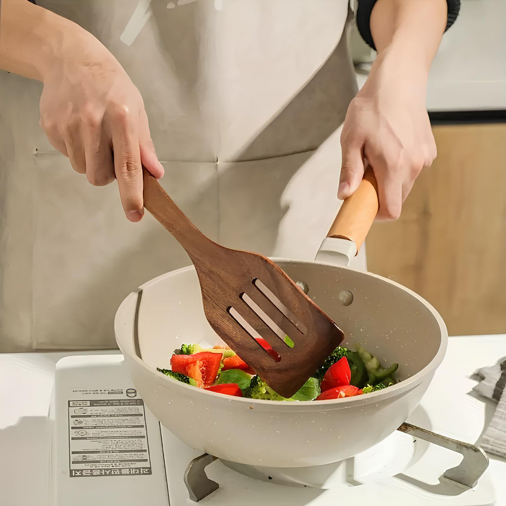 Skanto | Ensemble d'ustensiles de cuisine en teck naturel de 5 pièces – Résistant à la chaleur et anti-rayures