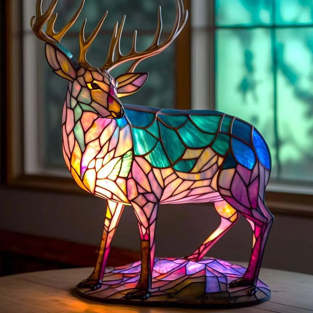 Sculpture Animale Lumineuse – Éclairage Mythique Fait Main en Ambre, Vert, Bleu & Verre Chocolat